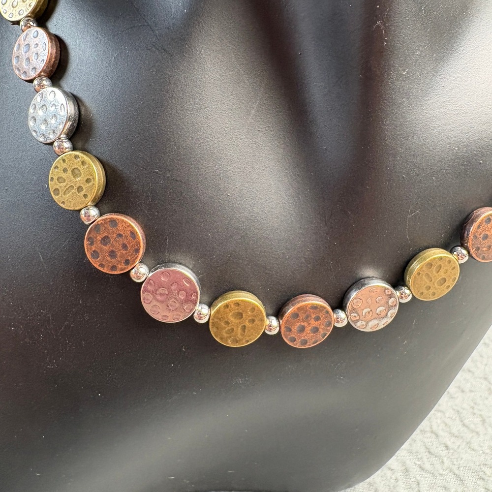 Mixed Metal Hammered Disc Necklace Silver Gold Copper Tone Adjustable Chain